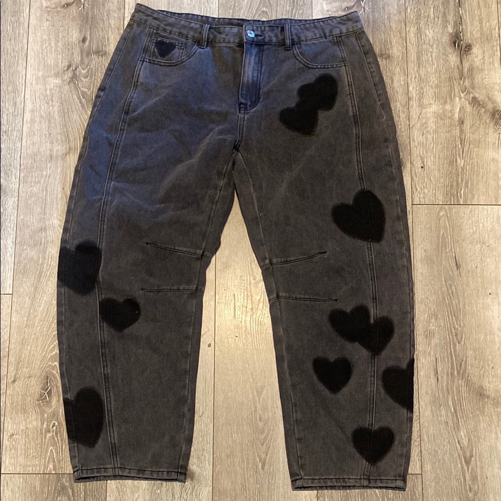 Black Heart Patterned Women’s barrel jeans from Amazon! They are a mid rise.
